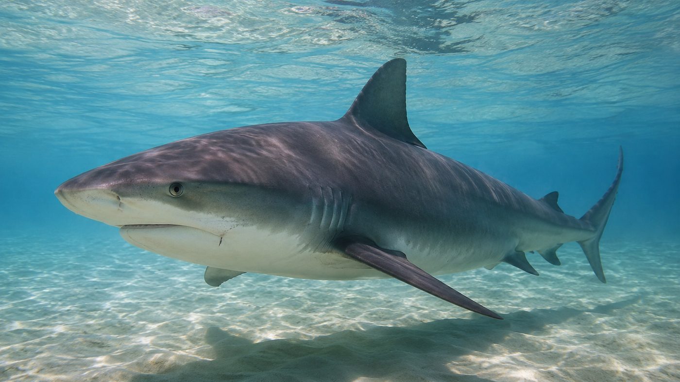 A bull shark swimming in clear shallow water
