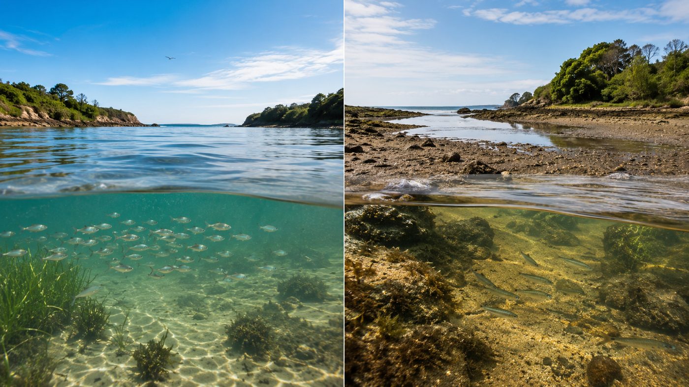 A split coastal scene showing shallow water and a tidal flat